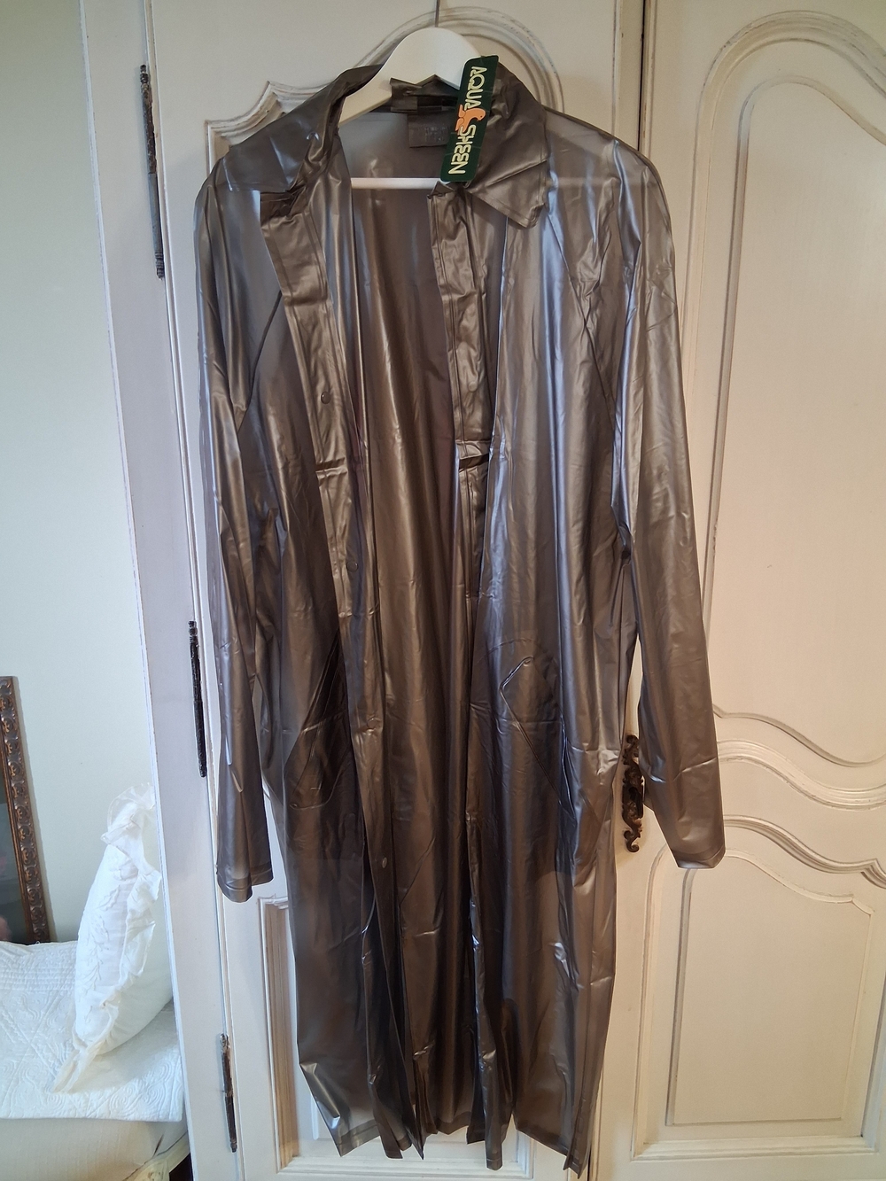 Aqua Sheen Men's Metallic Gray Long Raincoat (Deadstock Vintage)